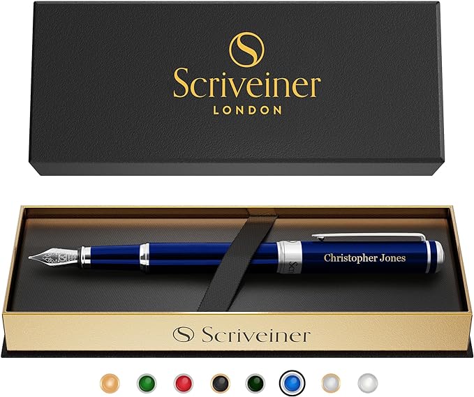 Scriveiner Personalized Midnight Blue Fountain Pen - Stunning Blue Lacquer Luxury Pen, Chrome Finish, German Schmidt Nib (Medium), Best Engraved Pen Gift Set for Men & Women, Name Engraving
