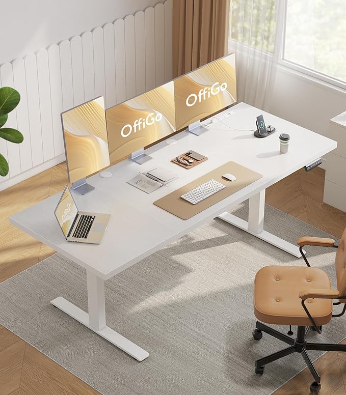 OffiGo 79 Inch Executive Electric Standing Desk, Height Adjustable Desk with Power Outlet & 1.38" Thick 3-Piece Desktop, Sit Stand Computer Desk for Home, Office, Conference Room, White