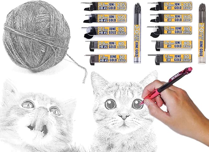 June Gold 820 Pieces, 0.3 mm 2B Lead Refills, 205 Pieces Per Dispenser, Extra Fine Thickness, Break Resistant Lead/Graphite (Pack of 4 Dispensers)