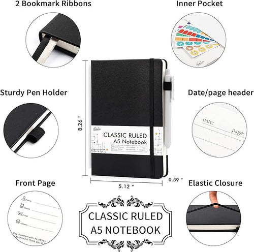 12 Pack Notebooks Journals Bulk with 12 Black Pens, Feela A5 Hardcover Notebook Classic Ruled Journal Set with Pen Holder for School Business Work Travel Writing, 120 GSM, 5.1”x8.3”, Black