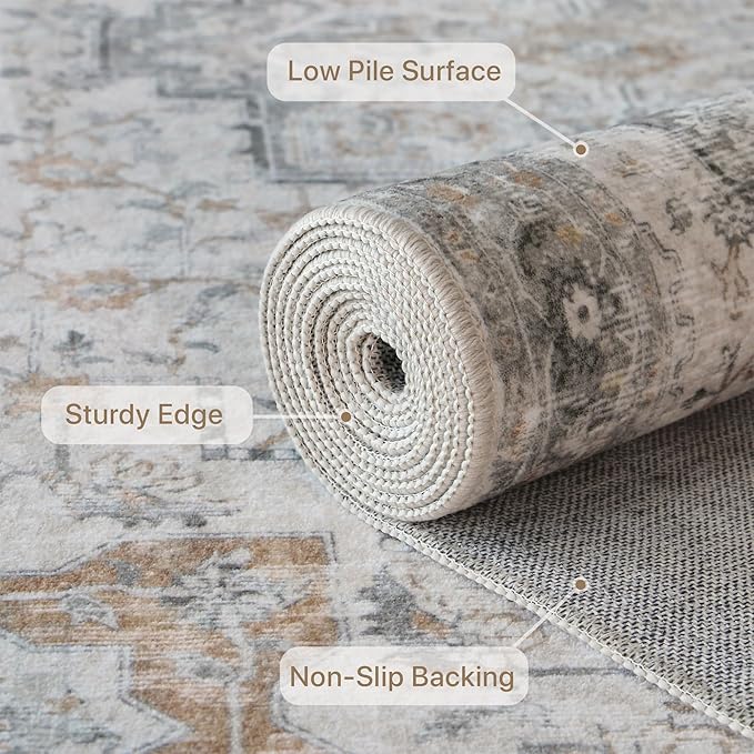 GENIMO Runner Rug 2PCs, Machine Washable Non Slip Vintage Hallway Runner Rug 17.3"x59"+17.3"x30", Low Pile Lightweight Rugs for Indoor Entryway, Hallway, Kitchen and Corridor, Light Taupe Brown