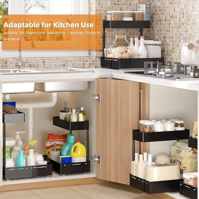 Henyol 2Packs Under Sink Organizer with Adjustable Height and Width, Under Cabinet Organizer to Tidy, Sturdy Metal Design for Kitchen and Bathroom