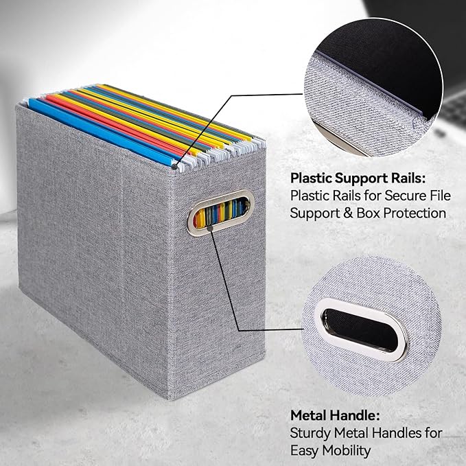 ComfortKeeper 4 Packs Letter Size File Organizer, File Folders Organizer, Fabric Storage Box, Collapsible Paper Organizer with Metal Handle, Smooth PVC Rails, Only Box (Gray)