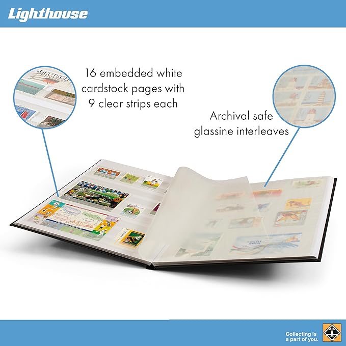 LIGHTHOUSE – “BASIC” Hard Cover Stockbook for Stamps – 16 White Cardstock 9”x12” (A4) Pages with Glassine Strips - Green