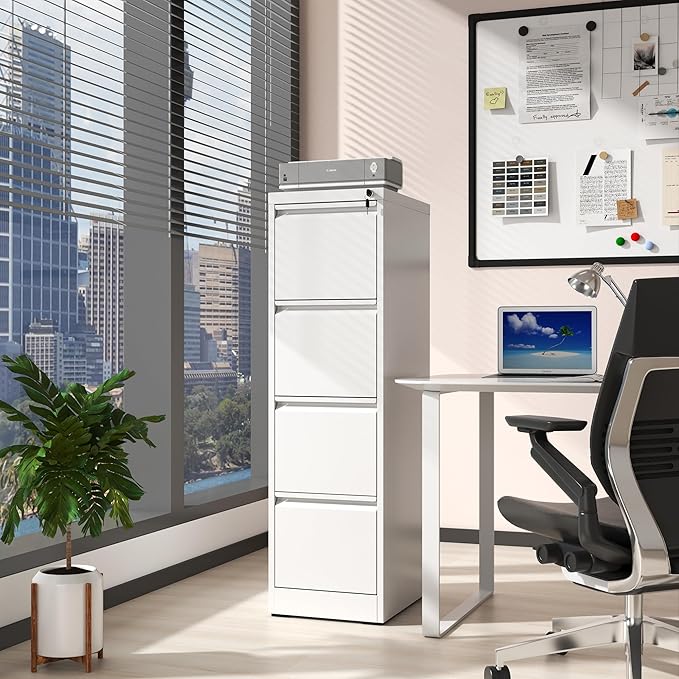 Reegangfa 4 Drawer File Cabinet with Lock, 18" D Metal Vertical Filing Cabinets, Steel File Storage Cabinets for Home Office, Hanging A4 Legal/Letter Size Narrow File Cabinet, Assembly Required