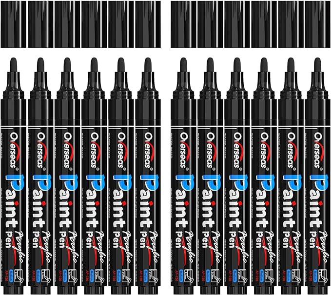 Overseas Black Paint Pens Paint Markers - Permanent Acrylic Markers 12 Pack, Water-Based, Quick Dry, Waterproof Marker Pen for Rock, Wood, Plastic, Metal, Canvas, Glass, Fabric, Mugs. Medium Tip