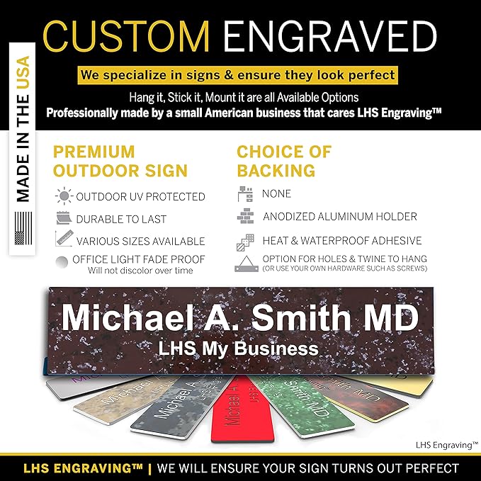 Custom Name Plate with Choice of Mounting for Walls, Doors, Desk Holders, Cubicles, Hanging and More - Personalized Canberry Marble Plastic White Letters - USA Made 2x8 - S5