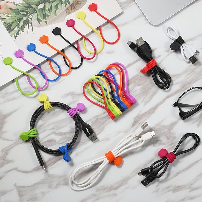 SOOOEC Magnetic Cable Ties, 24 Pack 7.2" Magnetic Cord Organizer Cute Cloud Design, Reusable Silicone Twist Ties with Strong Magnet for Bundling and Cable Management, Fridge Magnets, Assorted Colors.