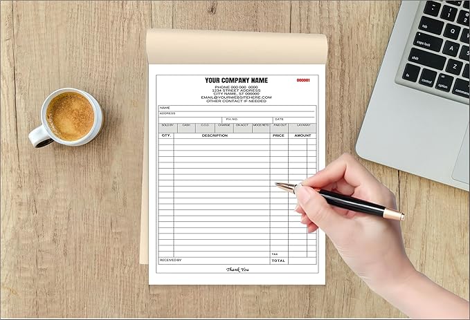 Custom Carbonless Invoice Book with Logo, Personalized Cover & Inner Pages, 2 Part NCR Receipt & Work Order Forms, Easy Tear, Writing Shield for Small Business (2-part [White/Yellow], 10.24*7.48INCH)