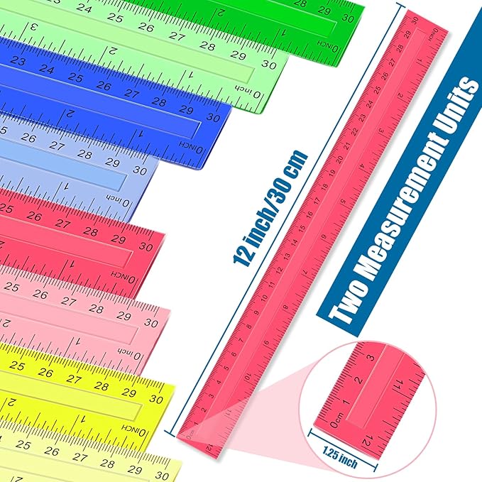 504 Pcs Rulers Bulk, 12 Inch Plastic Assorted Color Clear Rulers with Inches Centimeters Millimeter. Measuring Drawing Tool for Kids, Ideal Back to School Classroom Office Home Supplies