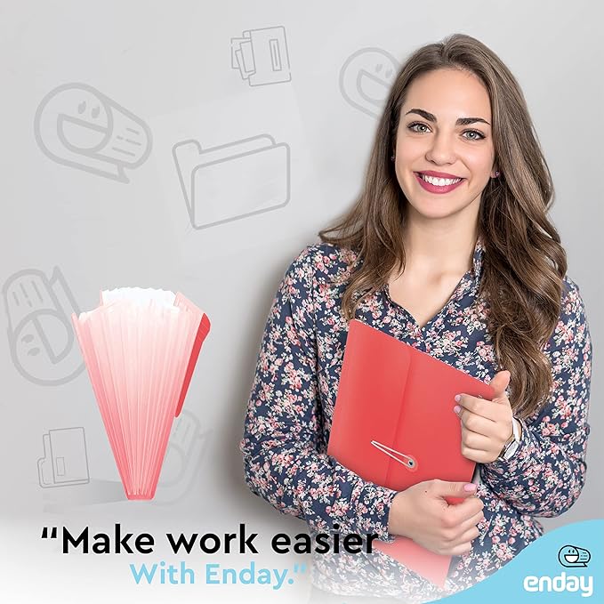 Accordion File Organizer Red, 7 Pocket Expanding File and Cover Folder with Labels, Plastic Portable Desktop Letter A4 Paper, Also Available in Purple, Green, Pink, Blue, Grey, 1 Pc – by Enday