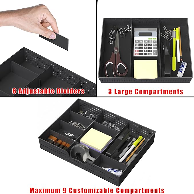 Simple Houseware Drawer Organizer Tray with 9 Adjustable Compartments, 2 Packs, Black