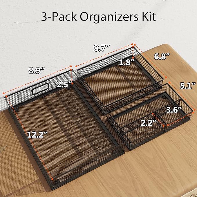 ITAYVAN Desk Drawer Organizer Set, 3 Pcs Metal Mesh Office Drawer Organizers, Paper Organizer Letter Tray for Desk, Junk Drawer Organizer for Office, Kitchen, Makeup, Vanity