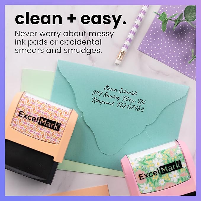 ExcelMark Address Stamp - Custom Return Address Stamp with Elegant Designs, Vibrant Colors & Patterns – Perfect for Mail, Invitations & Gifts (Black Mount, Custom)