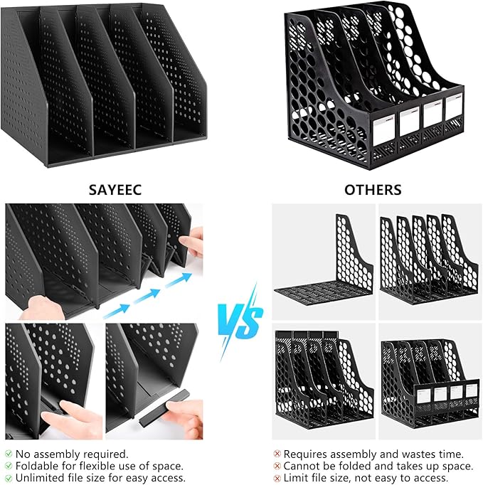 SAYEEC Collapsible Magazine Holder Plastic Desktop 4 Compartment File Rack Magazine Organizer Vertical File Divider Sorter Storage Document Organizer for Office Home School Black