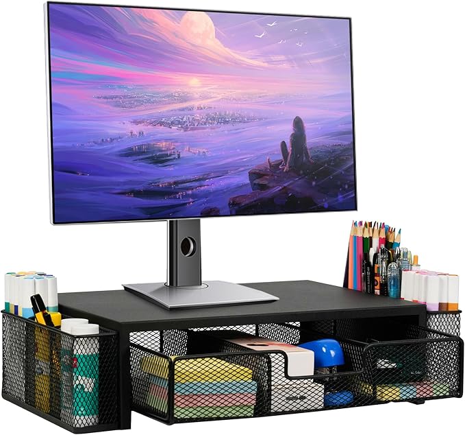 Qupui Computer Monitor Stand Riser with Drawer and Pen Holders, Desk Organizer Shelf and Accessories, Office Desk Accessories, Office Organization, Black
