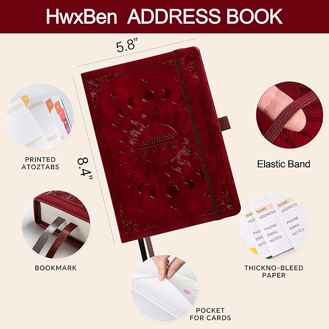 Address Book with Colorful Alphabetical Tabs (8.4" x 5.7") – Hardcover Contact Organizer for Website Passwords, Telephone, Software Licenses, and Important Information – Wine Red