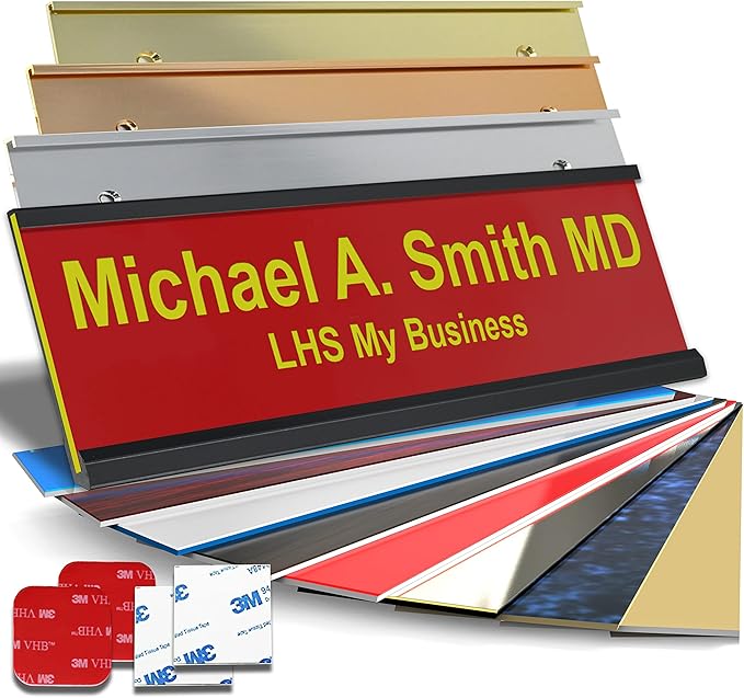 Custom Name Plate with Choice of Mounting for Walls, Doors, Cubicles, Hanging and More - Personalized Red Plastic Yellow Letters - USA Made 2x12 - B22