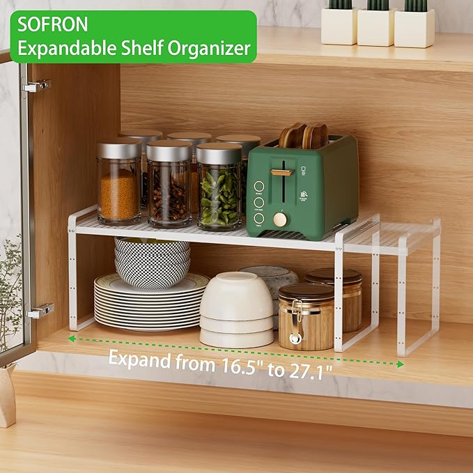 SOFRON Expandable Cabinet Storage Shelf Stackable Organizer Rack for Kitchen Bathroom Pantry Spice Cupboard Coffee Countertop Home Office Desk Heavy Duty Nonslip White Large 3 Packs