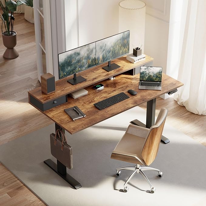Klicelor 48 Inch Electric Standing Desk with Drawers, Adjustable Height Small Sit Stand Desk for Home Office, Compact Computer Workstation with Storage– Rustic Brown