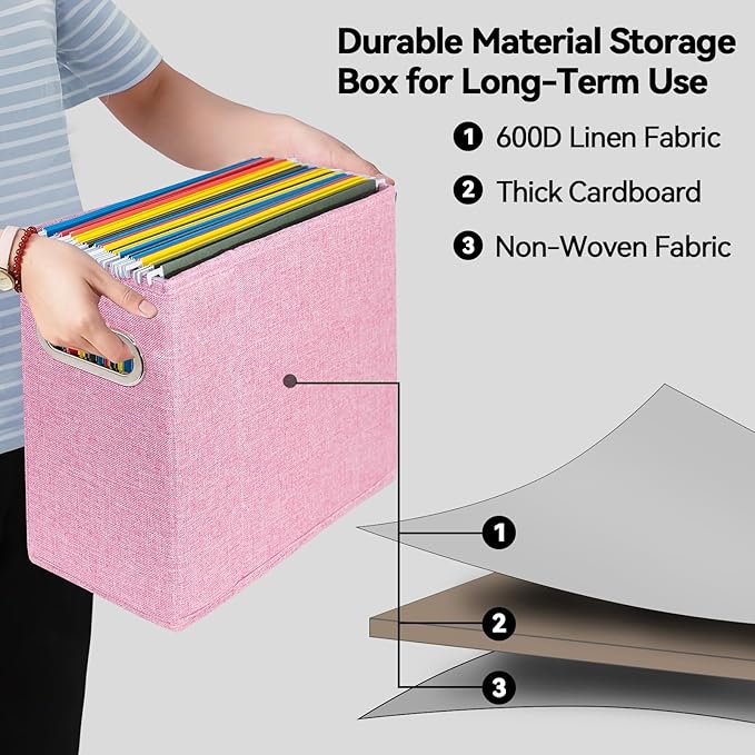 ComfortKeeper 4 Packs Letter Size File Organizer, File Folders Organizer, Fabric Storage Box, Collapsible Paper Organizer with Metal Handle, Smooth PVC Rails, Only Box (Pink)