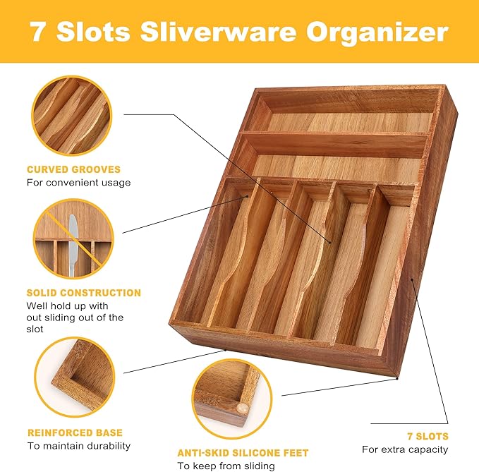 Oridom Kitchen Acacia Silverware Organizer - Extra Deep Grooved Drawer Divider, 7 Slot Utensil Organizer
