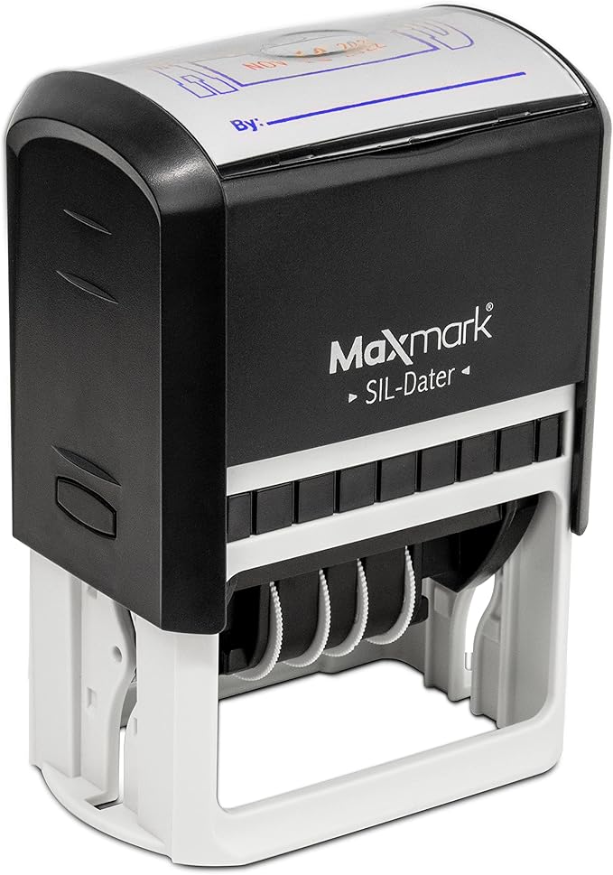 MaxMark Large Self-Inking Rubber Date Office Stamp with Entered Phrase & Date - Blue Ink, 12-Year Band - Style 3
