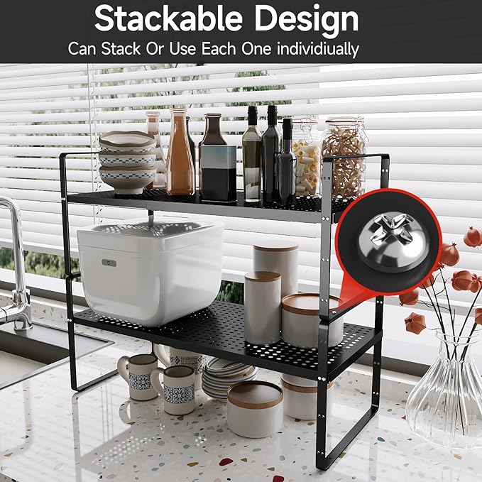 jkxoo 2Pack Expandable Cabinet Countertop Shelves 16.5-27’’L, Adjustable Metal Spice Rack Organizer, Stackable Kitchen Counter Storage Shelves Organizers for Cabinet Organization, Black
