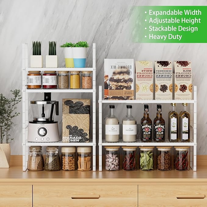 SOFRON Expandable Cabinet Storage Shelf Stackable Organizer Rack for Kitchen Bathroom Pantry Spice Cupboard Coffee Countertop Home Office Desk Heavy Duty Nonslip White Small 1 Pack