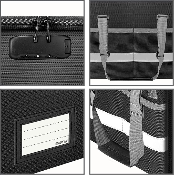 ENGPOW File Box with Lock,Fireproof Document Box with Zipper＆Pockets,Collapsible File Organizer Filing Storage Cabinet with Handle,Portable Home Office Safe for Hanging Letter/Legal Folder,Black
