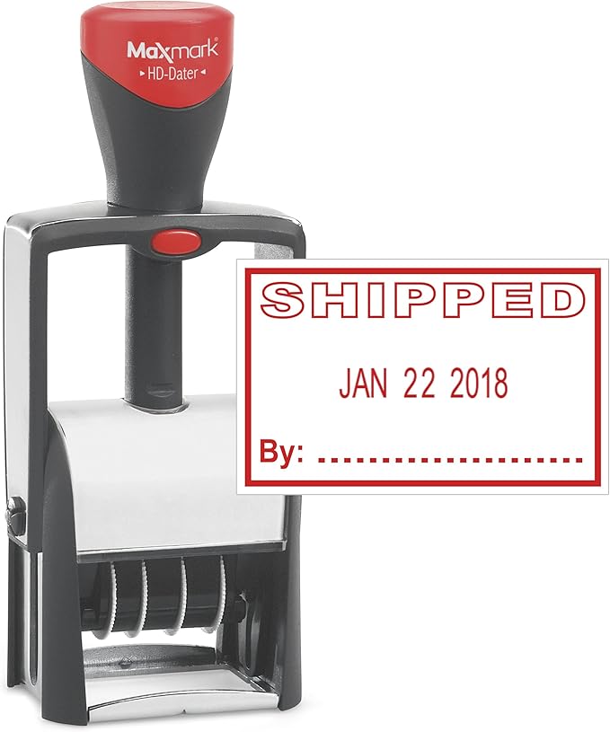 MaxMark Heavy Duty Self Inking Date Stamp with Phrase Shipped - Red Ink