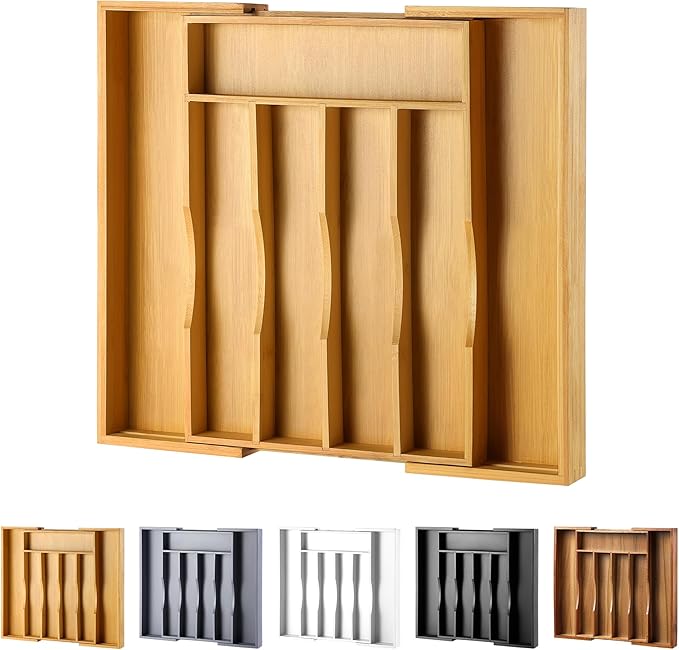 oridom Expandable Bamboo Kitchen Drawer Organizer for Cutlery and Utensils, Adjustable Bamboo Wood Cutlery Tray in Drawer for Flatware and Silverware in Kitchen, (Natural)