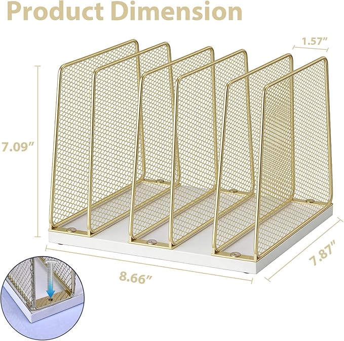 LEKETREE Gold Desk File Organizer, 5-Section Upright File Sorter, Vertical File Folder Holder, Mesh Metal Wood Office Desktop Organization for Document, Magazine, Books and more (White and Gold)