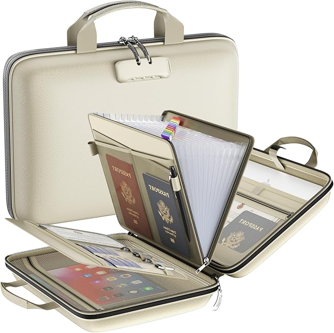 Fireproof File Organizer with Lock, Hard-Shell Case Fireproof Document Box with 13 Pockets Accordion File Folder, Important Document Organizer for Letter A4 Files Laptop Passports (Beige)