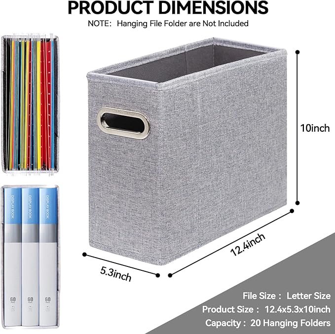 ComfortKeeper 6 Packs Letter Size File Organizer, File Folders Organizer, Fabric Storage Box, Collapsible Paper Organizer with Metal Handle, Smooth PVC Rails, Only Box (Gray)
