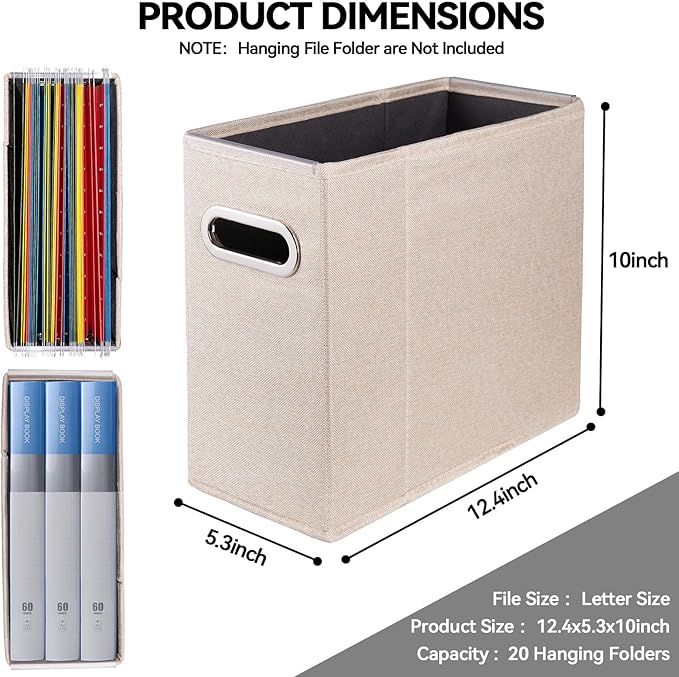 ComfortKeeper 4 Packs Letter Size File Organizer, File Folders Organizer, Fabric Storage Box, Collapsible Paper Organizer with Metal Handle, Smooth PVC Rails, Only Box (Beige)