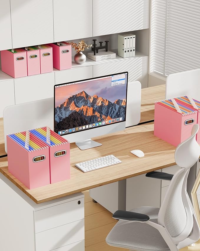Oterri Cardboard File Organizer Box for Hanging File Folders Letter Size,File Box for Computer Desk,File Cabinet,Working Home,Office,Classroom (Pink, Letter Size - 4 Packs)