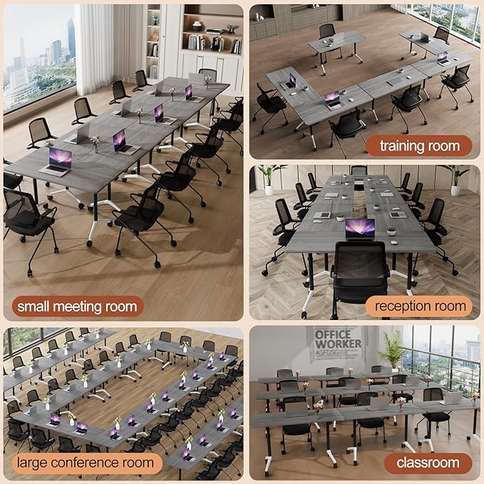 Folding Conference Table 4ft 5ft, Foldable Office Meeting Desk for 6 People, Multiple Sizes Colors Mobile Conference Room Table for Training Room School Business Furniture (2, Grey, 71in)