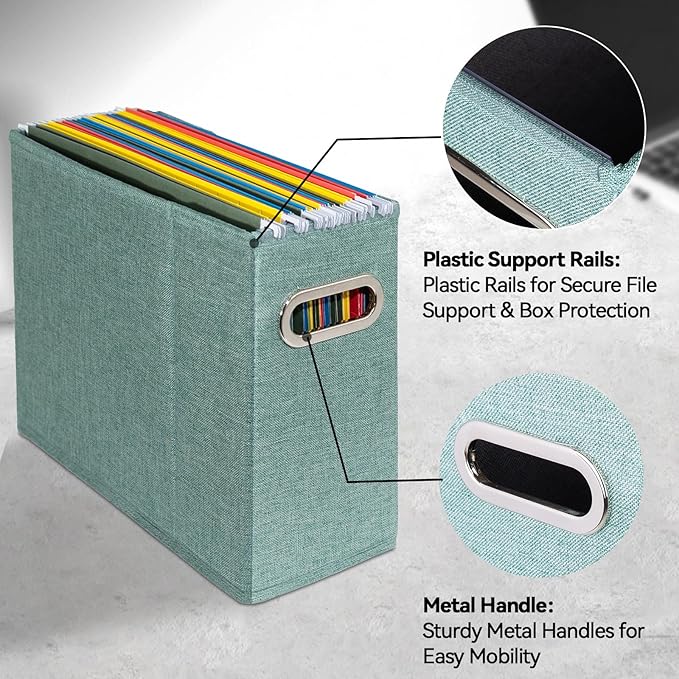 ComfortKeeper 4 Packs Letter Size File Organizer, File Folders Organizer, Fabric Storage Box, Collapsible Paper Organizer with Metal Handle, Smooth PVC Rails, Only Box (Green)