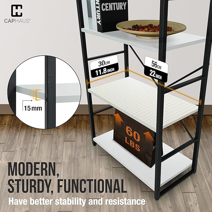 CAPHAUS 5 Tier Bookshelf, 24 Inch Width Free Standing Shelf, Bookcase Shelf Storage Organizer, Industrial Book Shelves for Home Office, Living Room, Kitchen, White Shelves & Metal Frame