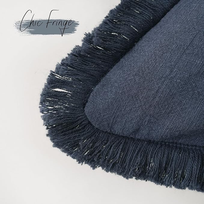 Foindtower Set of 2 Decorative Linen Fringe Throw Pillow Covers Cozy Boho Farmhouse Cushion Cover with Tassels Soft Accent Pillowcase for Couch Sofa Bed Living Room Home Decor, 24×24 Inch, Navy Blue