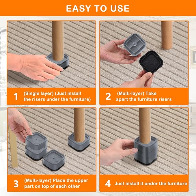 shouwuhho 8 Pack Furniture Risers Adjustable Bed Risers Heavy Duty Lifts Height 1", Square Stackable Bed Risers 1, 2 or 3 Inch for Desk Leg Table Couch Sofa Chair Bed Frame Legs Dorm, Gray