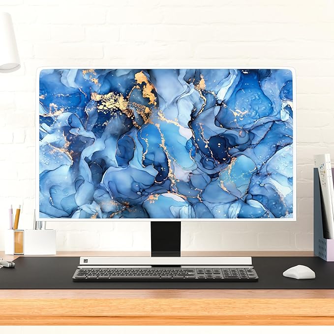 Baocicco Navy Blue Gold Marble Computer Monitor Dust Cover Creative Texture Grain Computer Screen Cover Panel Case Computer Screen Protective LCD/LED/HD 32 Inch Modern HD Monitor Decors