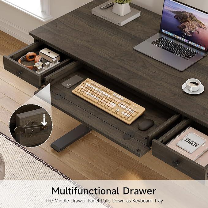 ONBRILL Standing Desk with Drawers, 55 x 23 Inch Electric Height Adjustable Desk with Storage & Outlets, for Computer Workstation, Home Office, Retro Curved Table Corner Design, Black Walnut