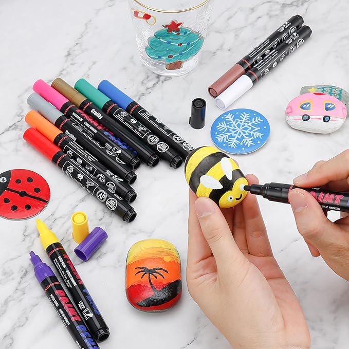 Craiiby Gold Paint Pens Paint Markers - 12 Pack Permanent Quick Dry Waterproof Marker Pens for Rocks Wood Fabric Plastic Canvas Glass Mugs Metal Tire Stone