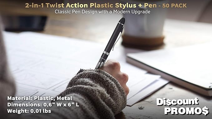 DISCOUNT PROMOS Custom Twist Action Plastic Stylus Pens, Set of 50, Personalized Bulk Pack - Pens for Work, Cool Pens for Writing, Black Ink - Black