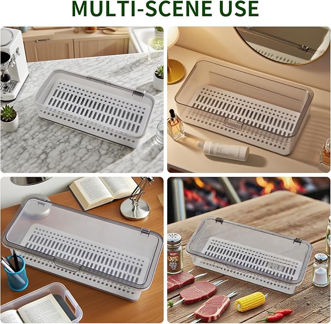 AHGUEP Silverware Organizer with Lid and Drainer - Plastic Kitchen Drawer Organizer for Forks Spoons Knives, Stackable Utensil Storage Container, Space-Saving Cutlery Tray (10.6 x 4.7 x 2.8 inch) (3)
