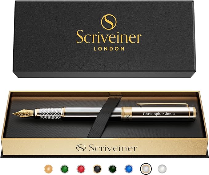 Scriveiner Personalized Silver Chrome Fountain Pen - Stunning Luxury Pen, Real Gold Plating, Schmidt Gilded Nib (Medium) Best Engraved Pen Gift Set for Men & Women, Custom Name Engraving