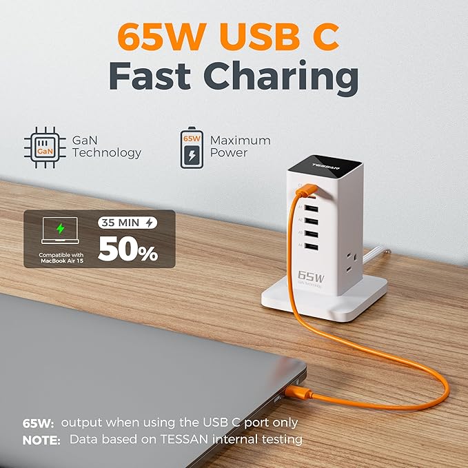 USB Charging Station for Multiple Devices PD 65W, TESSAN 9-in-1 USB C Charger Block for iPhone 17/16/15, MacBook, Tablet, Type C Desktop Charger with 3 AC, Home Travel Office Accessories, White