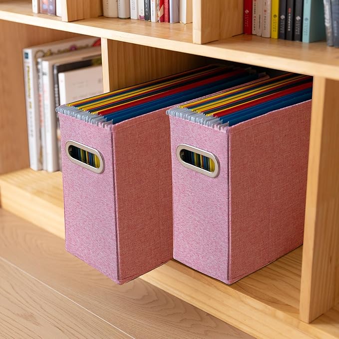 ComfortKeeper 4 Packs Letter Size File Organizer, File Folders Organizer, Fabric Storage Box, Collapsible Paper Organizer with Metal Handle, Smooth PVC Rails, Only Box (Pink)